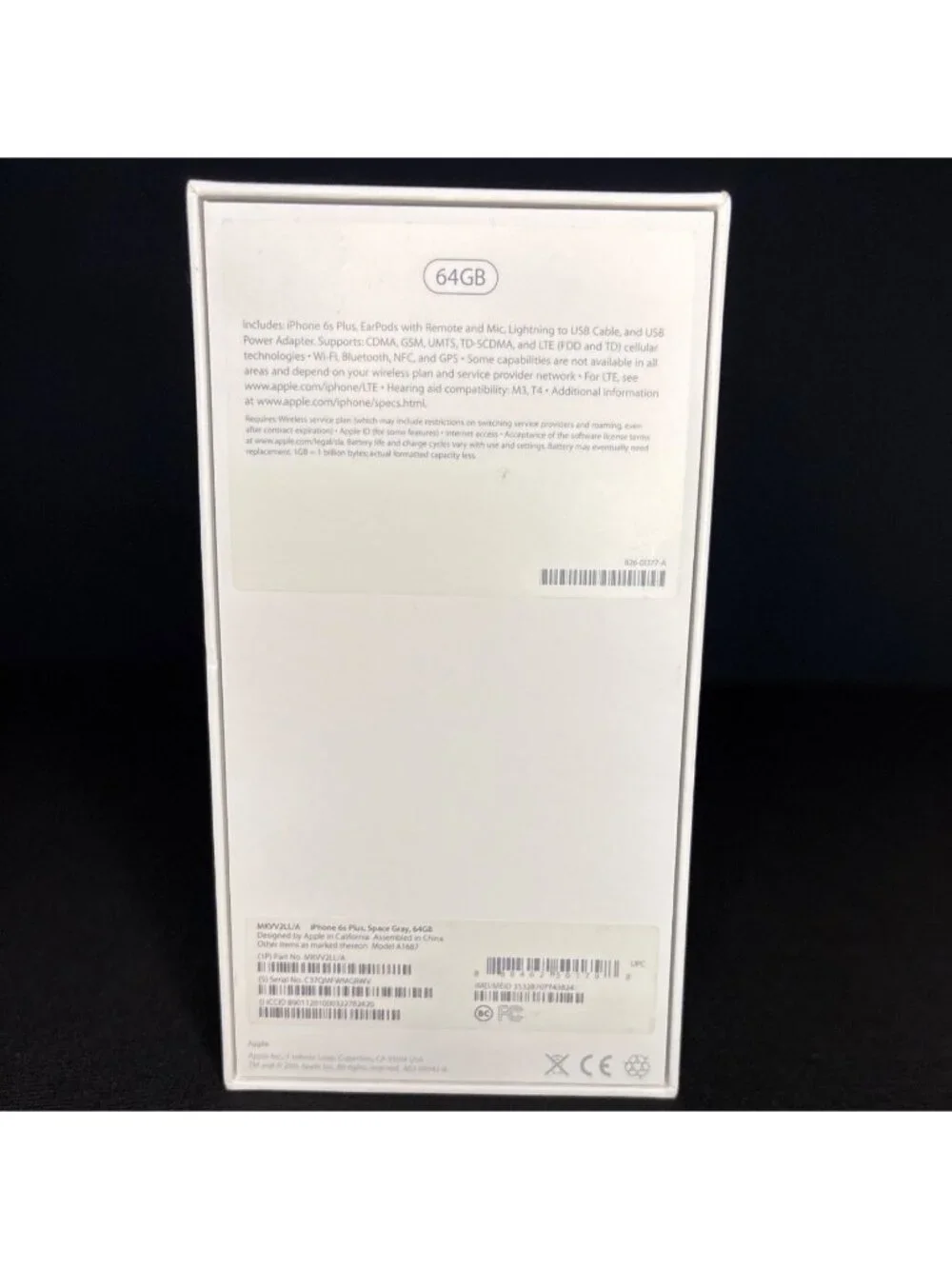 Apple iPhone 6s Plus Box With Inserts 64GB Space Gray Model A1687 Empty Box Only